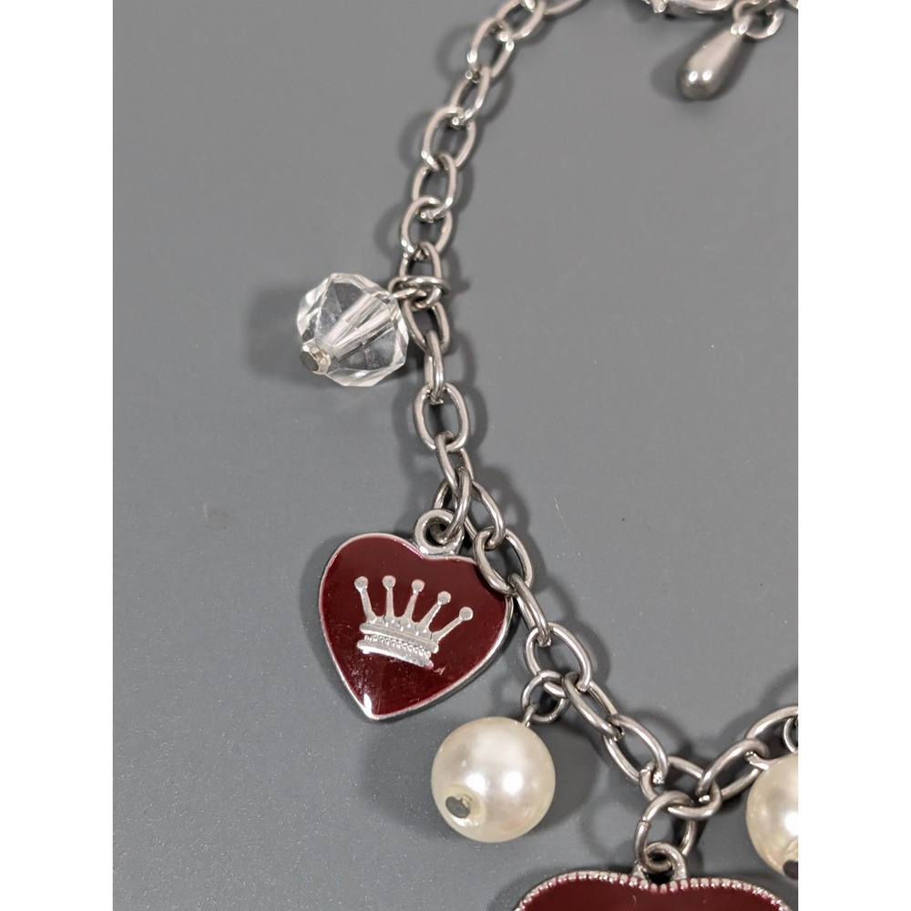 Red Heart Crown Charm Bracelet Faux Pearl Gothic Queen Style 9" - Picture 4 of 6